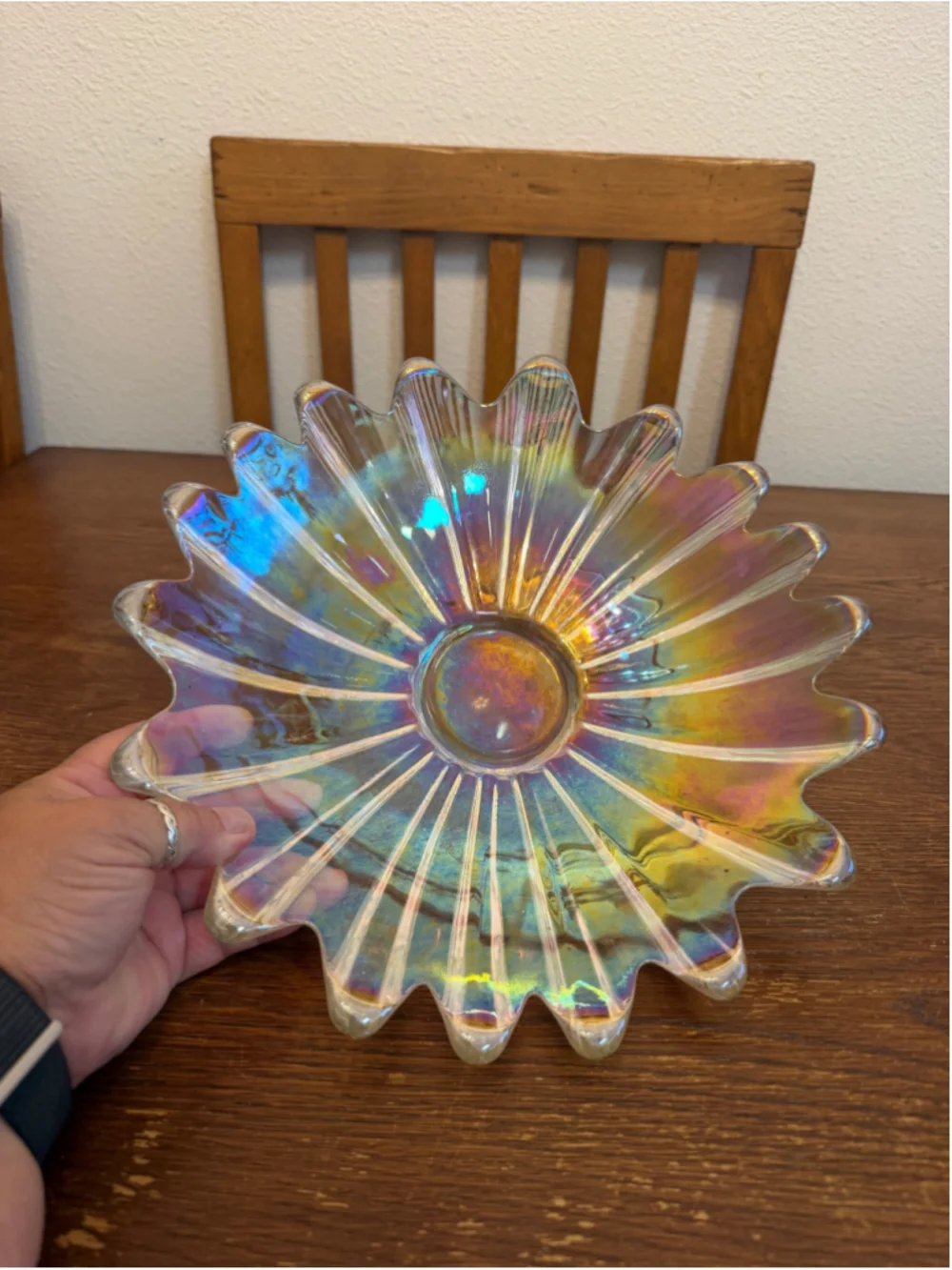 Vintage Iridescent Clear Carnival Glass Bowl Sunburst Scalloped Edge Pressed-CH